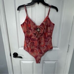 Beach Riot One Piece Swimsuit XL | Cutout Ring Detail Tropical Sunset Print